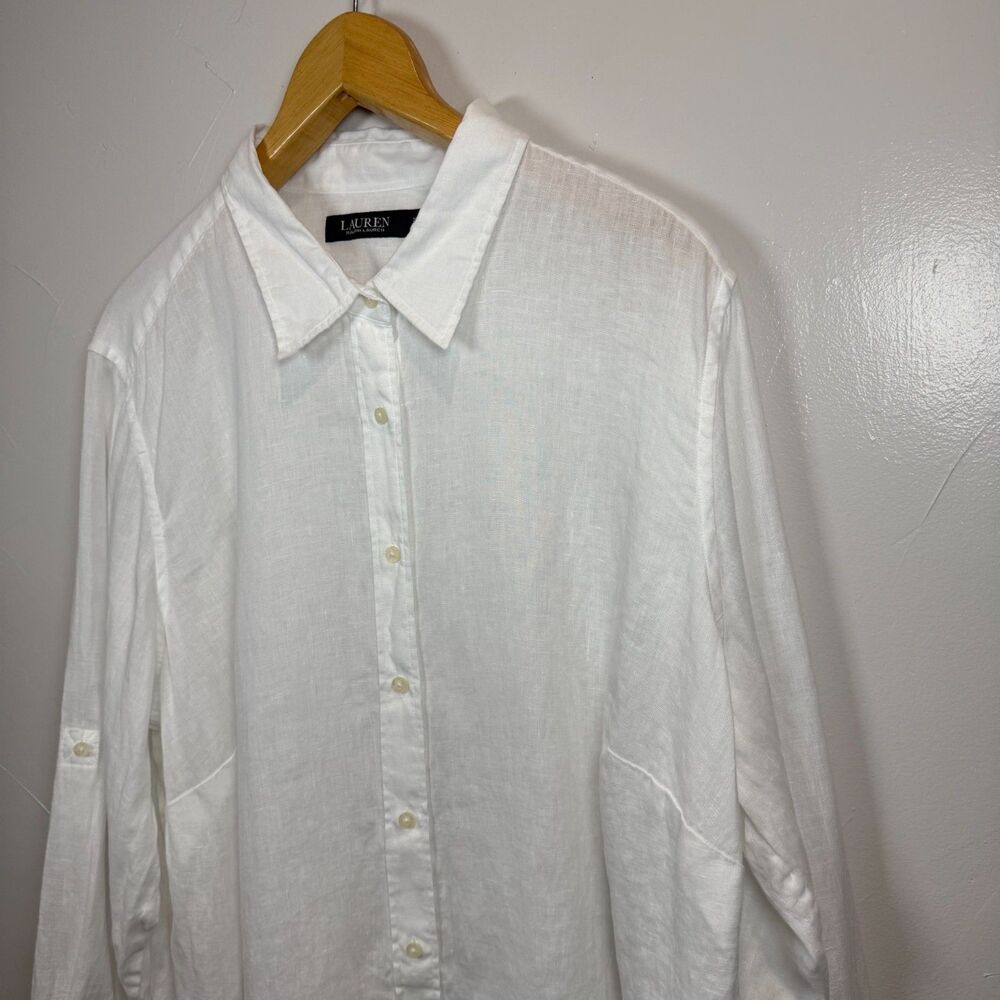 Lauren Ralph Lauren White Shirt Long Sleeve Button Linen Size 2X Casual Work - Picture 9 of 11